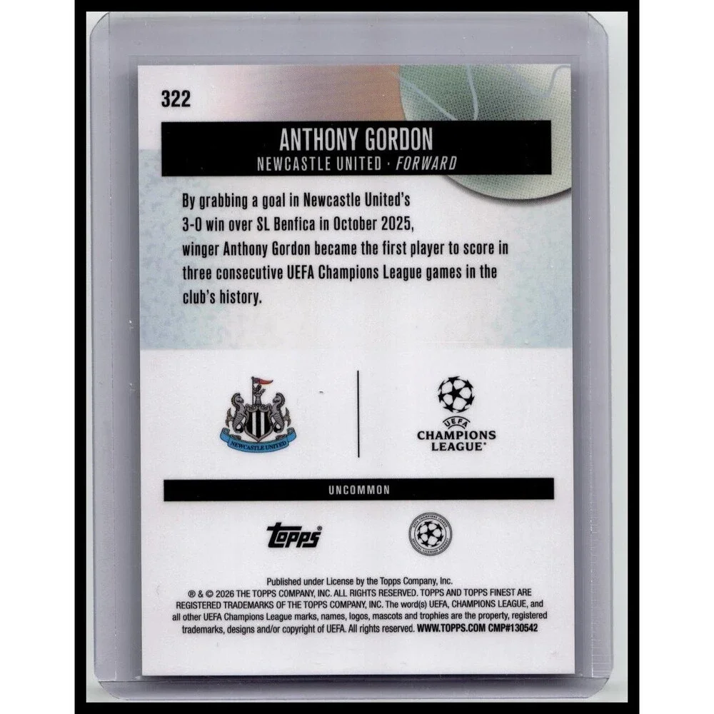 2025-26 Finest UEFA Anthony Gordon Purple Checkerboard Refractor #/99 Magpies